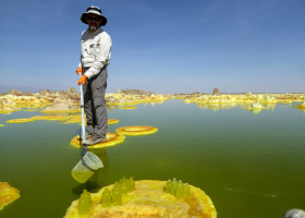 Chercheur en train de prélever eau dans lac, eau verte et sol jaune
